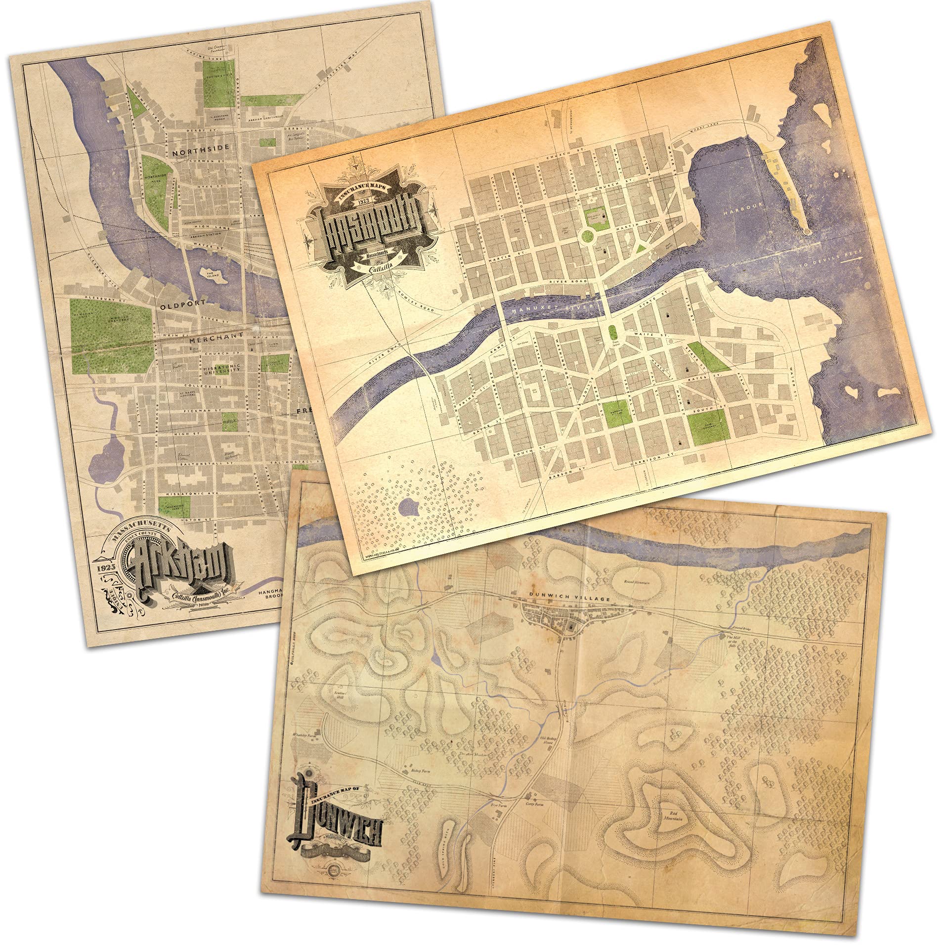 A3 Cthulhu Poster Map Set: Arkham, Dunwich & Innsmouth, ideal for for Call of Cthulhu RPG or any Lovecraft fan!