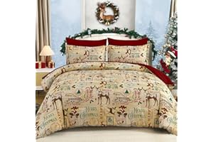DJY Christmas Comforter Set King Size 7 Piece Reindeer Sleigh Christmas Tree Pattern Bed in a Bag, Reversible Red Beige Holid