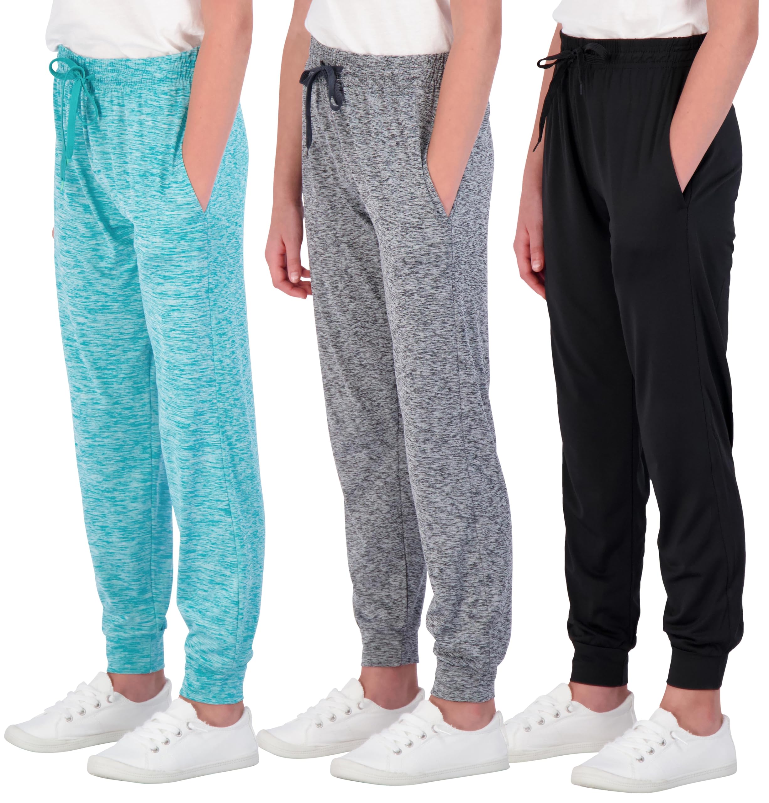 Real Essentials 3 Pack: Girls' Dry-Fit Jogger Sweatpants Soft Active Athletic Kids Joggers with Pockets & Drawstring