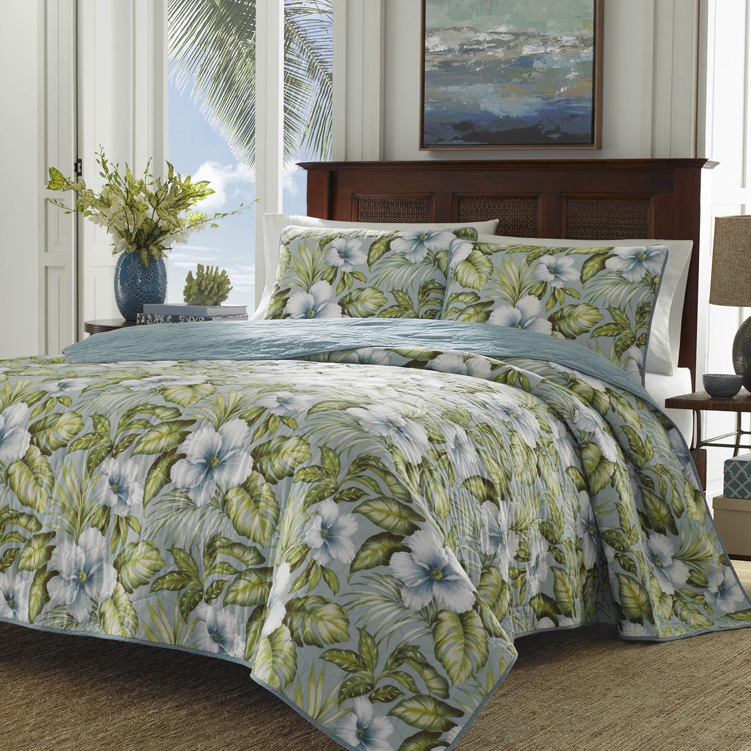 Tommy Bahama 220625 Alba Botanical Quilt Set, King, Harbor