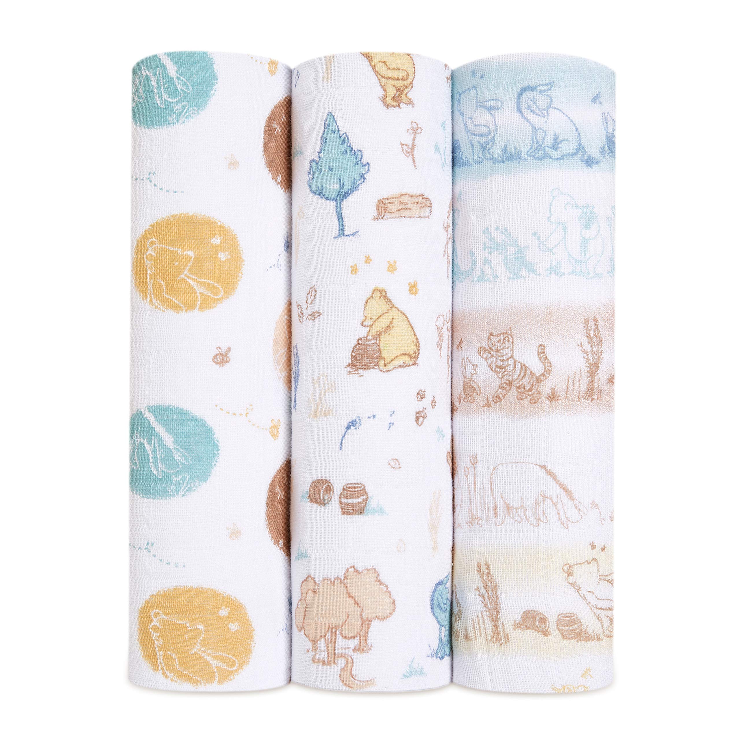 aden + anais 100% Cotton Muslin Swaddle and Receiving Blankets for Baby Girls & Boys, Ideal Newborn & Infant Swaddling Wrap Set, Perfect Shower Gifts, Winnie in The Woods, 120 x 120 cm, 3 Pack