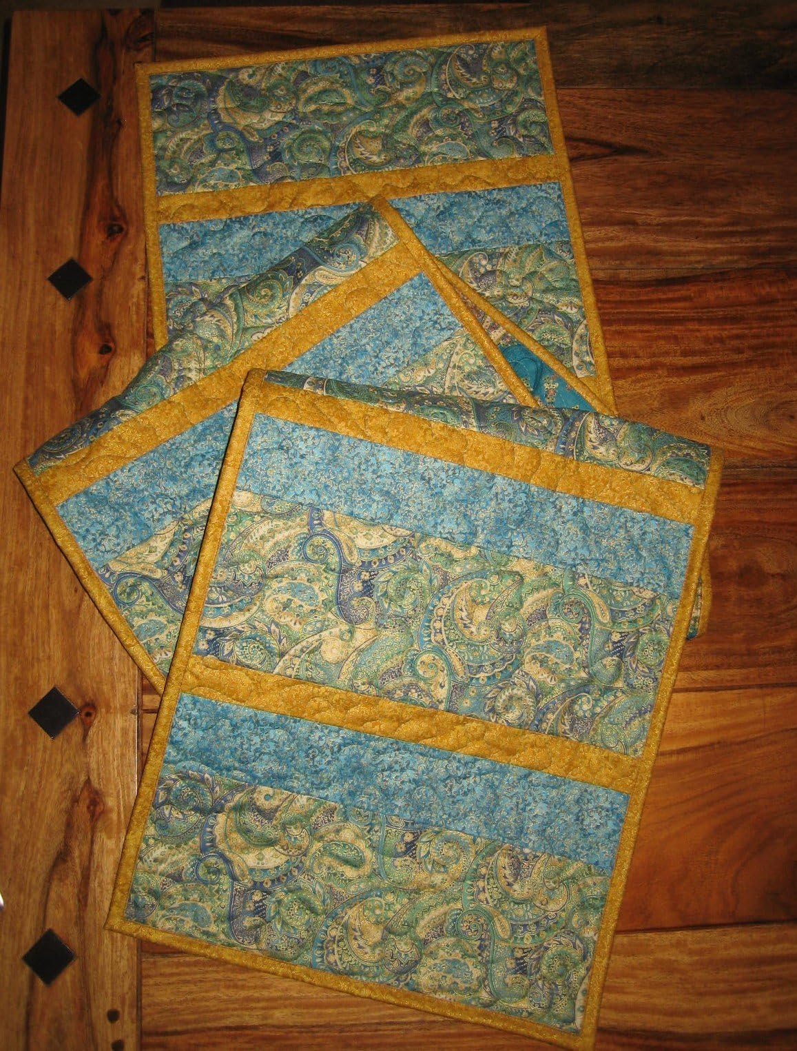 Quilted Table Runner, Paisley Aqua Blue Cream Gold, Reversible Runner 13.5 x 64"