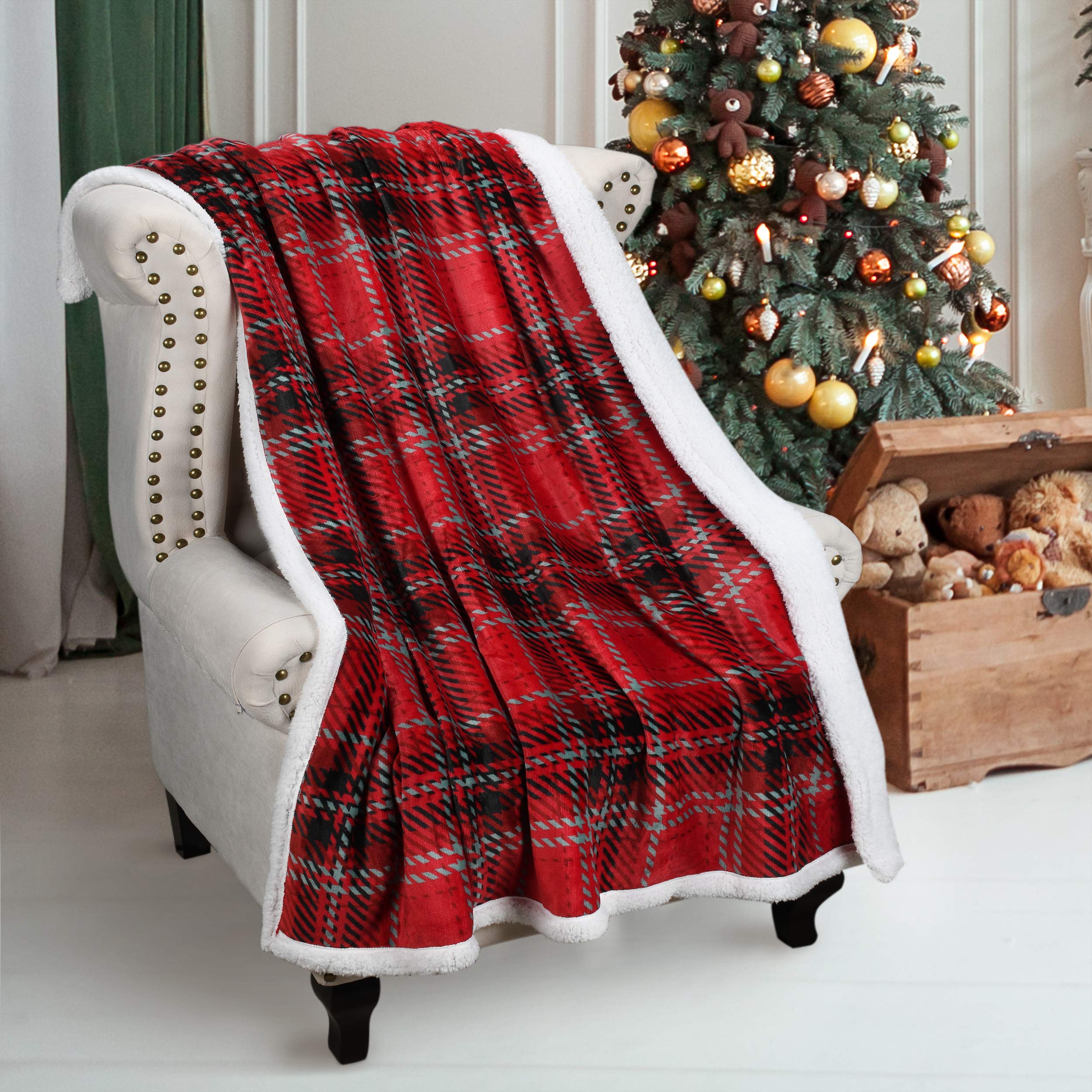 Catalonia Classy Red Buffalo Plaid Christmas Throw TV Sherpa Blanket 150 x 130 cm, Super Soft Warm Comfy Plush Fleece Bedding Couch Cabin Decorative Throw Blanket — image 1