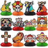 12Pcs Day of the Dead Honeycomb Centerpieces Decorations Dia De Los Muertos Altar Table Decorations Double Side Sugar Skull Table Centerpieces for Mexican Day of The Dead Halloween Party Supplies