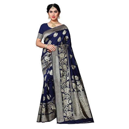 Textile Women's Kanjivaram Banarasi Jacquard Silk Heavy Saree With Unstitched Blouse Piece (Nevy Blue)