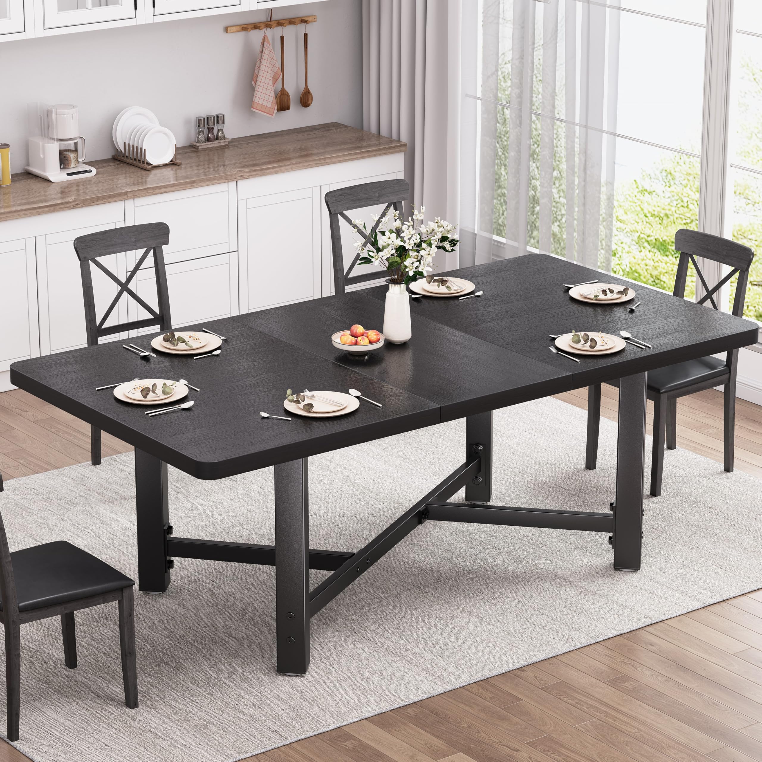 Photo 1 of ***(PARTS ONLY -MISSING PIECES -SELLING AS PARTS ONLY)*** 
Jocoevol Dining Table for 4-6, 62“Extendable Kitchen Dining Room Table, Space Saving Rectangle Large Expandable Wood Dinner Furniture for Small Space (Black)  ***(BOX RIPPED/TORN, SOME SCUFFS/SCRA