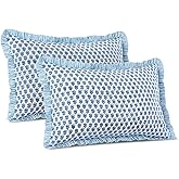 CPC Apatite Blue 100% Cotton Block Print Ruffle Sham Cover 20X30 inch Pack of 2, Handmade Boho Floral Pillowcase, Soft Decorative Lumar Cushion Cover for Bedroom Décor