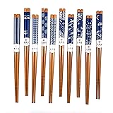 10 Pairs Reusable Bamboo Chopsticks, Blue White