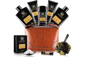 YARD HOUSE Bath and Body Gift Set for Men - Sandalwood Amber - Birthday, Christmas, Fathers Day Gifts From Wife Daughter Son for Husband, Dad - Relax Spa Kit w. Full Size Items in Deluxe Toiletry Bag