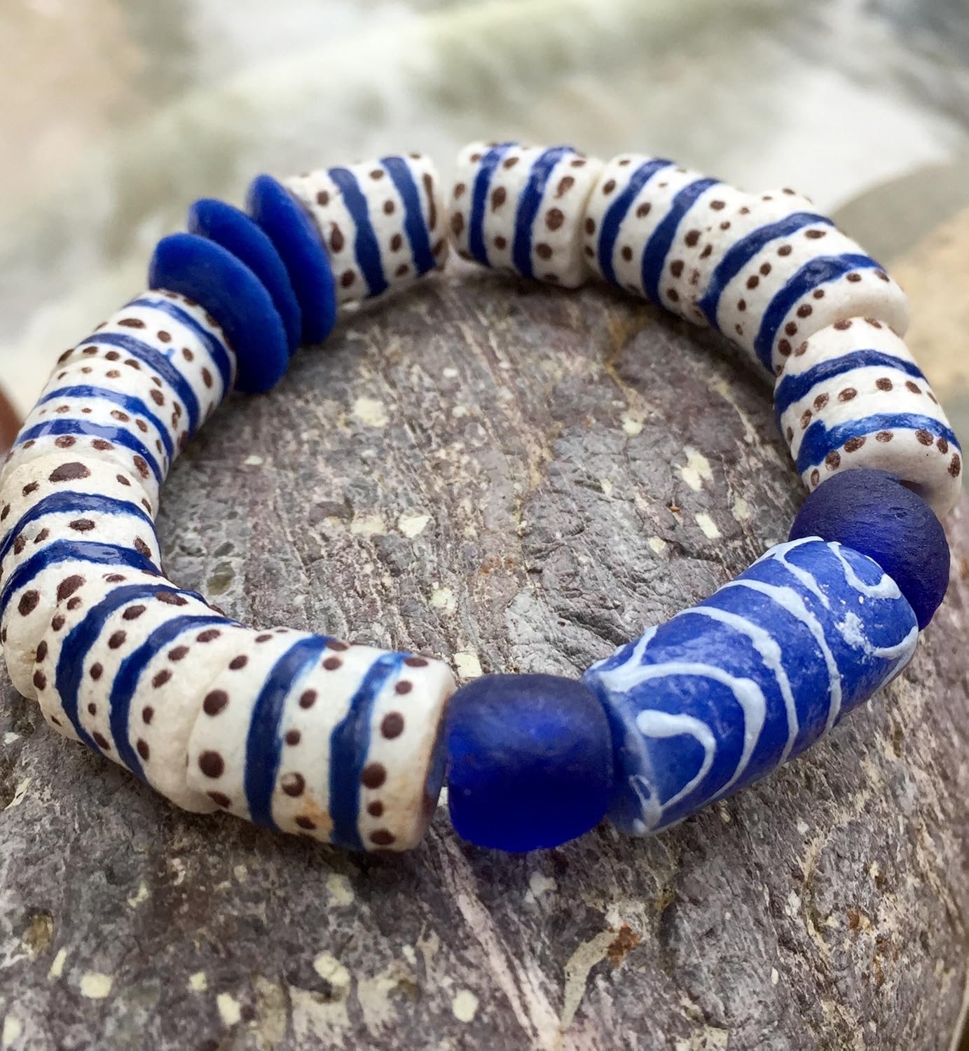 African Beaded Bracelet, Ghana Krobo Beads, Blue And White
