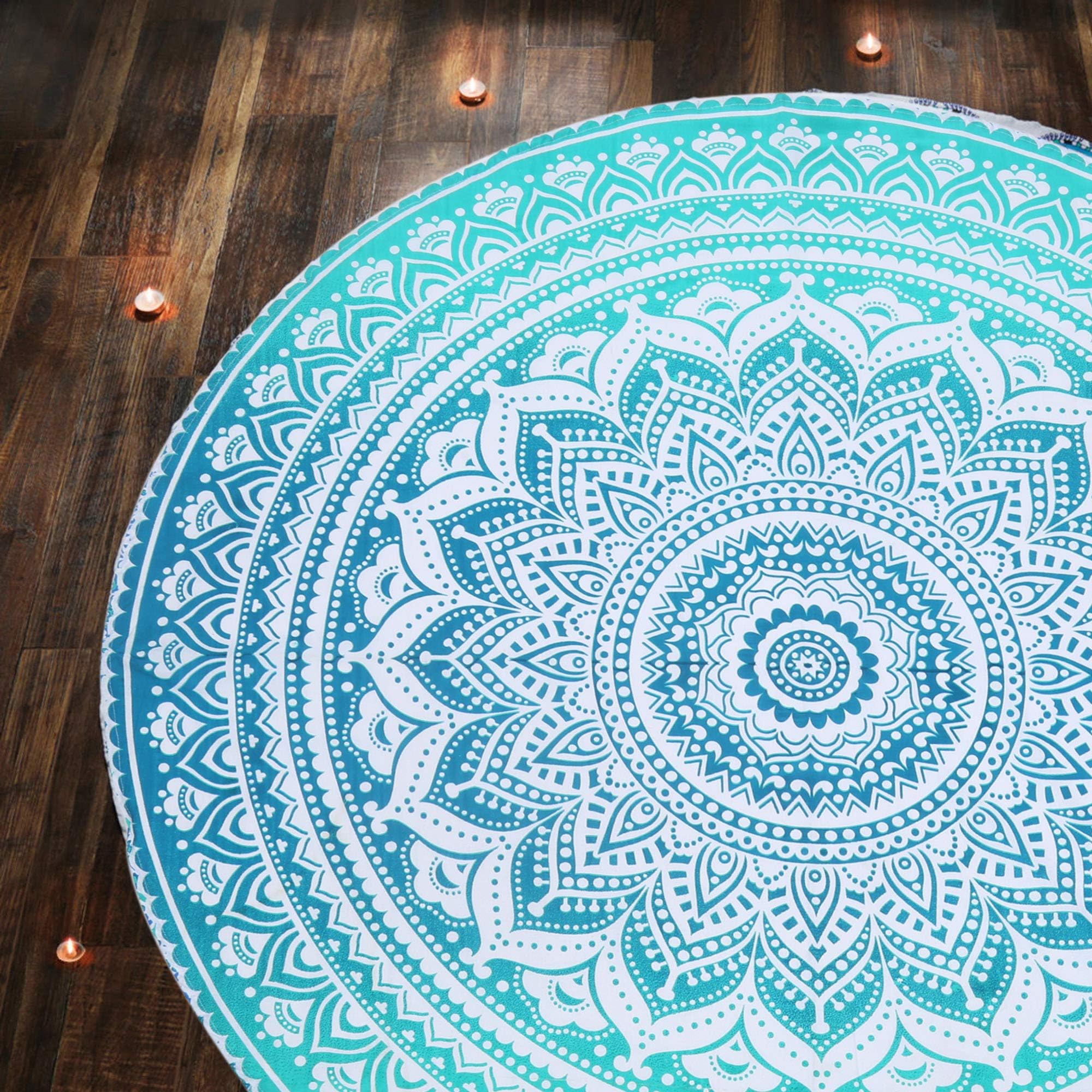 RAJRANG Small Round Tapestry for Picnic and Camping Cotton Ombre Mandala Tablecloth Yoga Mat Beach Circular Tapestries - 48 Inch - Sea Green