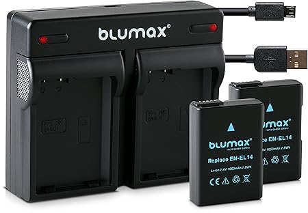 Blumax 2X Akku 1050mAh für Nikon EN-EL14/EN-EL14a + Mini Dual-Ladegerät USB für Nikon D3100 D3200 D3300 D3400 D5100 D5200 D53