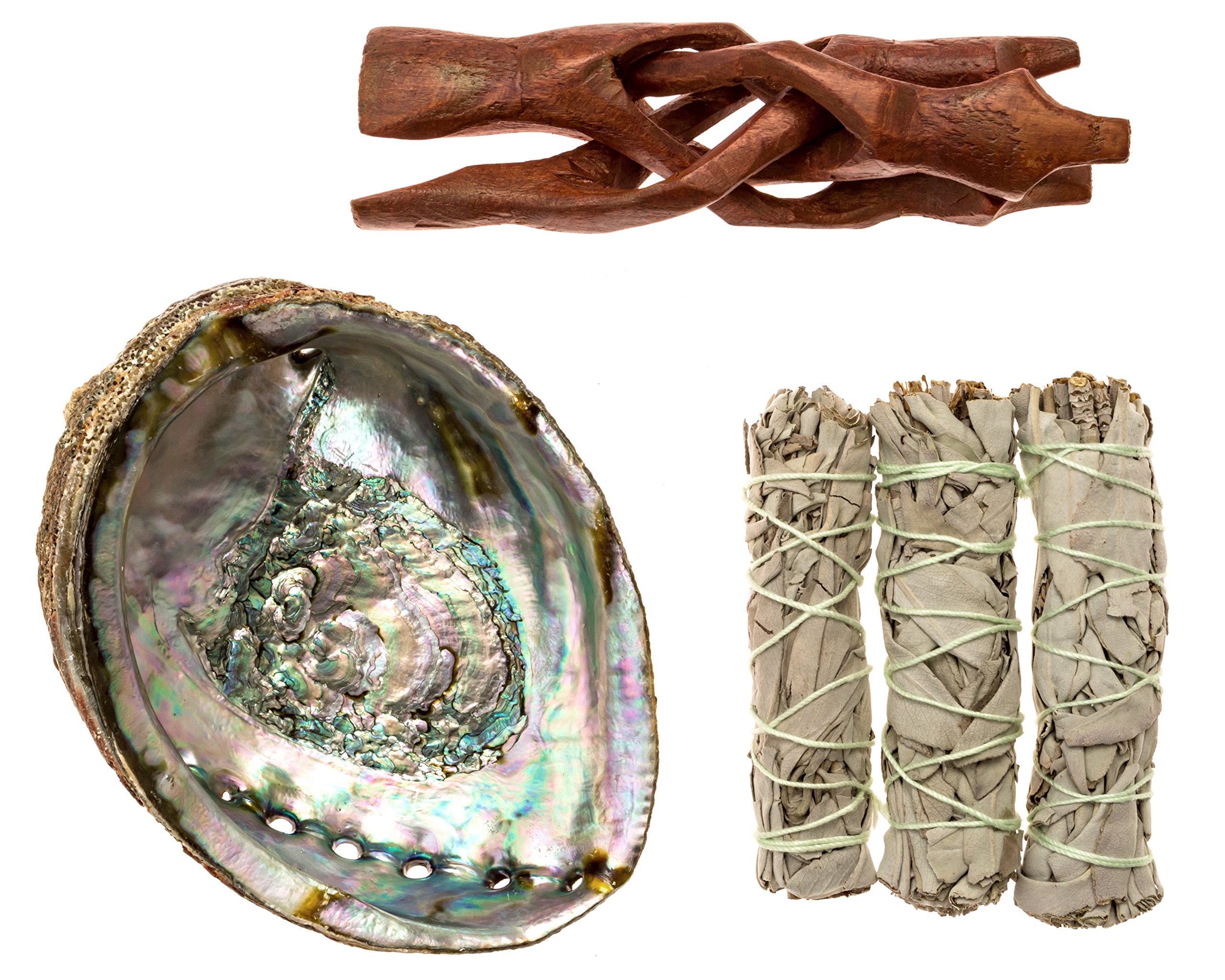 Premium Bundle with 6 Inch or Larger Abalone Shell, Stained Wooden Tripod Stand, and 3 California White Sage Smudge Sticks for Incense Burning, Home Fragrance, Energy Clearing, Yoga, Meditation