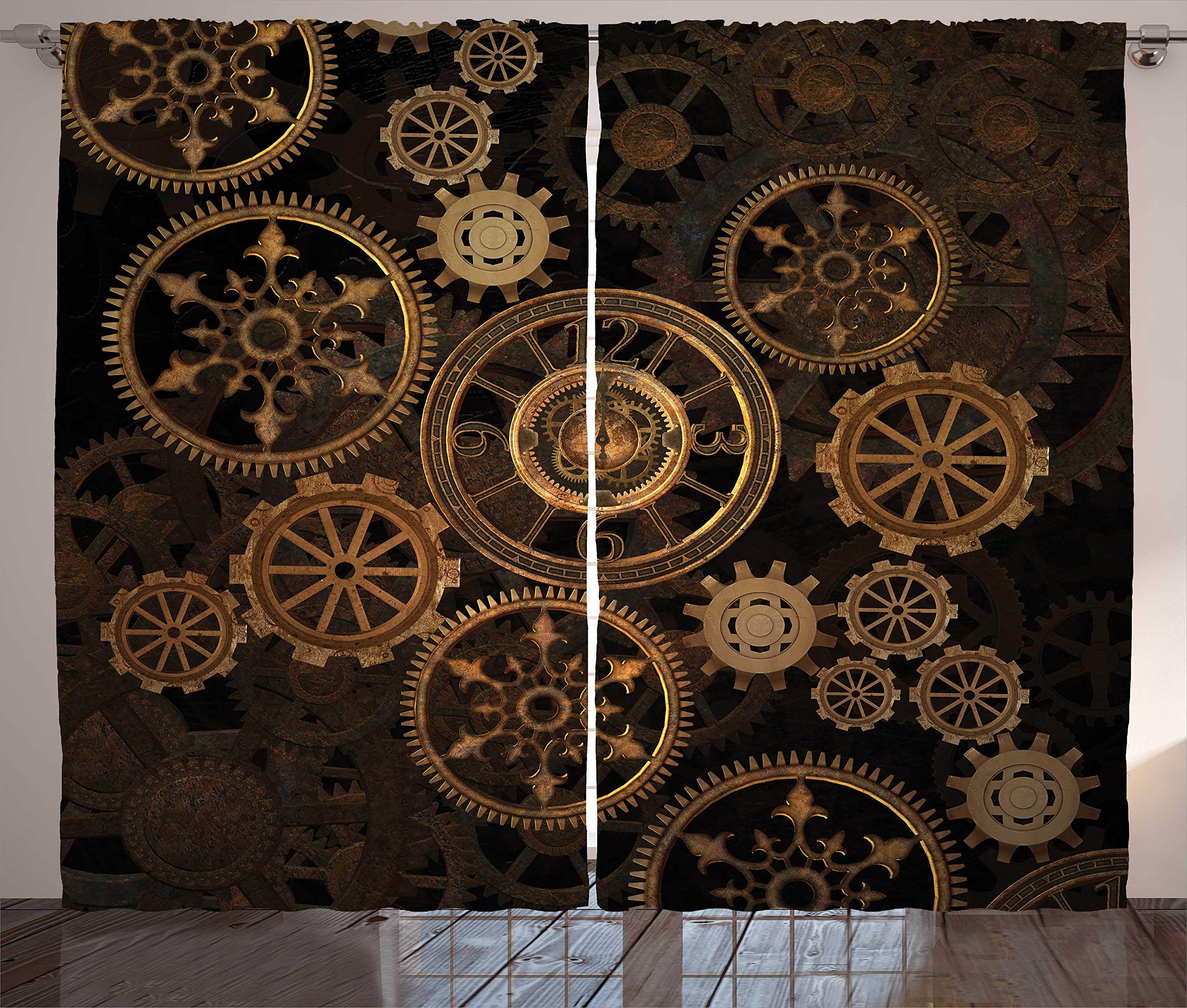 ABAKUHAUS Steampunk Curtains, Dark Toned Mechanical Composition Including Various Wheels Gears Image, Living Room Bedroom Window Drapes 2 Panel Set, 280 x 245 cm, Brown Sand