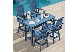 SERWALL 5-Piece Swivel Adirondack Bar Set, HDPE Swivel Bar Height Chairs Set of 4 with Bar Table, All-Weather Outdoor Barstools for Patio, Poolside, Garden, Blue