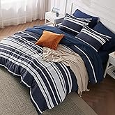 Bedsure Full Comforter Set 7 Pieces, Blue Striped Bedding Set for All Seasons, Reversible, Cationic Dyeing Bed in a Bag with Comforter, Sheets, Pillowcases & Shams