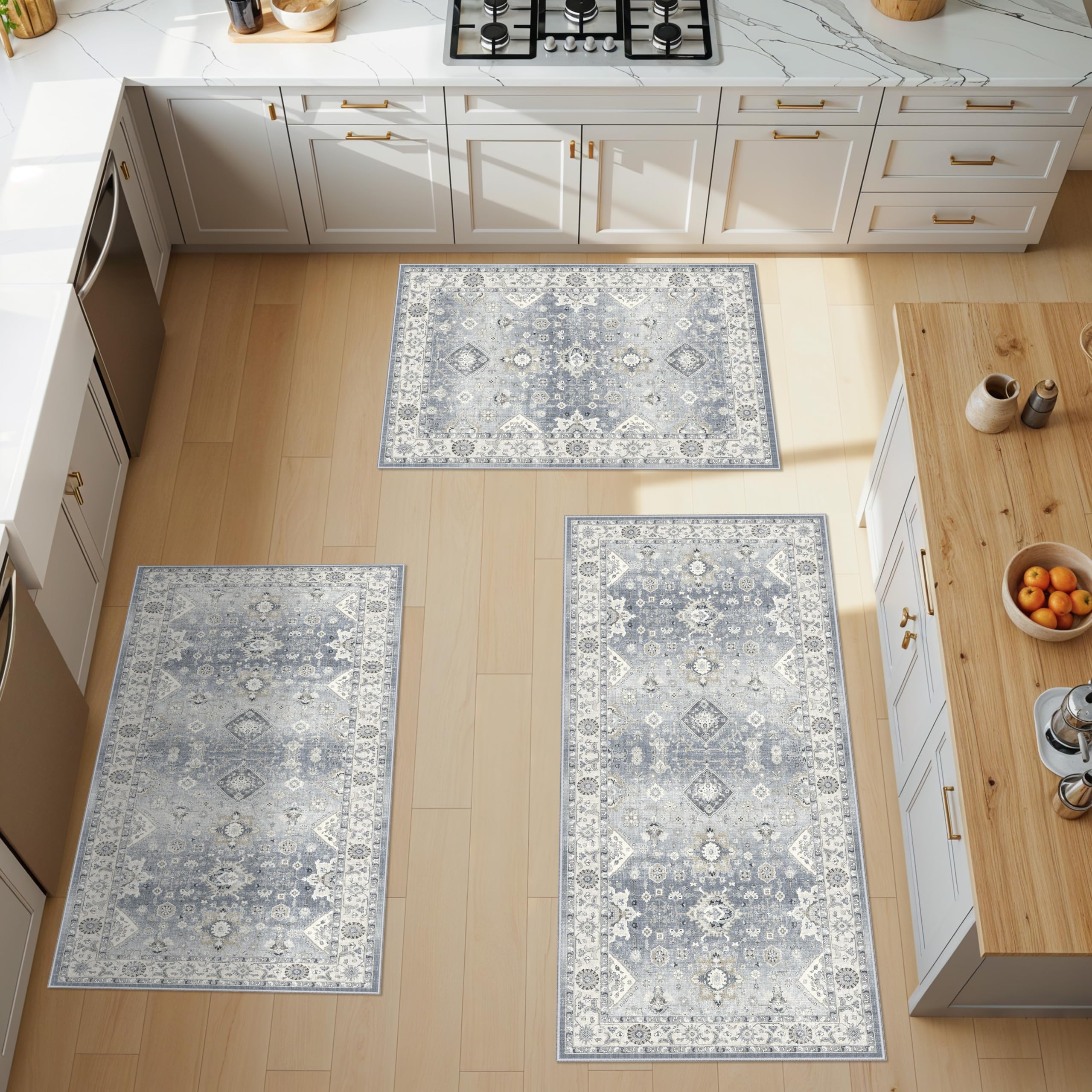 4 Pieces Kitchen Rug Set: Washable Farmhouse Non-Slip Kitchen Sink Floor Mats Easy Clean Water-Resistant Runners for Hallway Bathroom Soft Decorative Carpet for Pet Feeding Area(2x3+2x4+2x5+2x6,Grey) Image