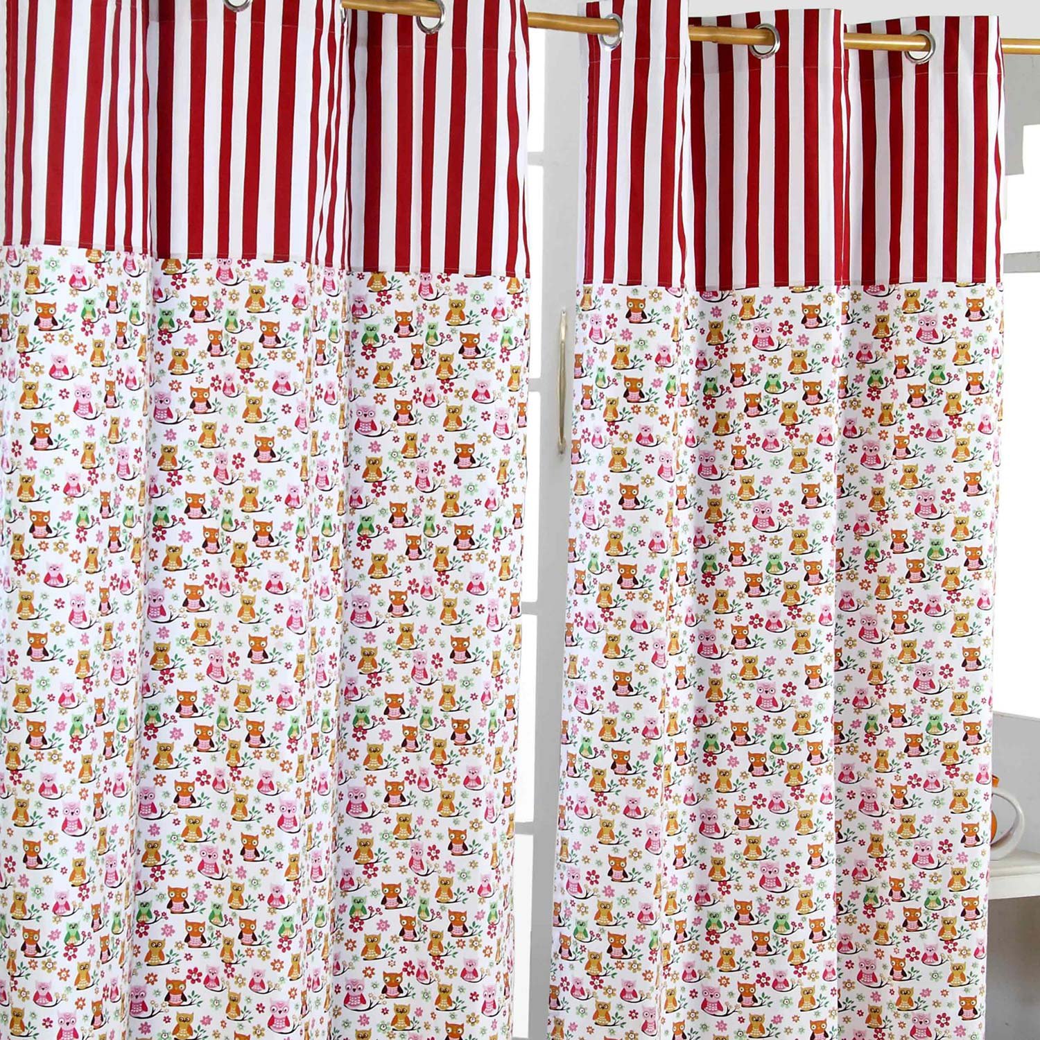 HOMESCAPES 100% Cotton Unlined Eyelet Curtain Pair - Owls - Red Pink White - 137cm (54") Wide x 182cm (72") Drop