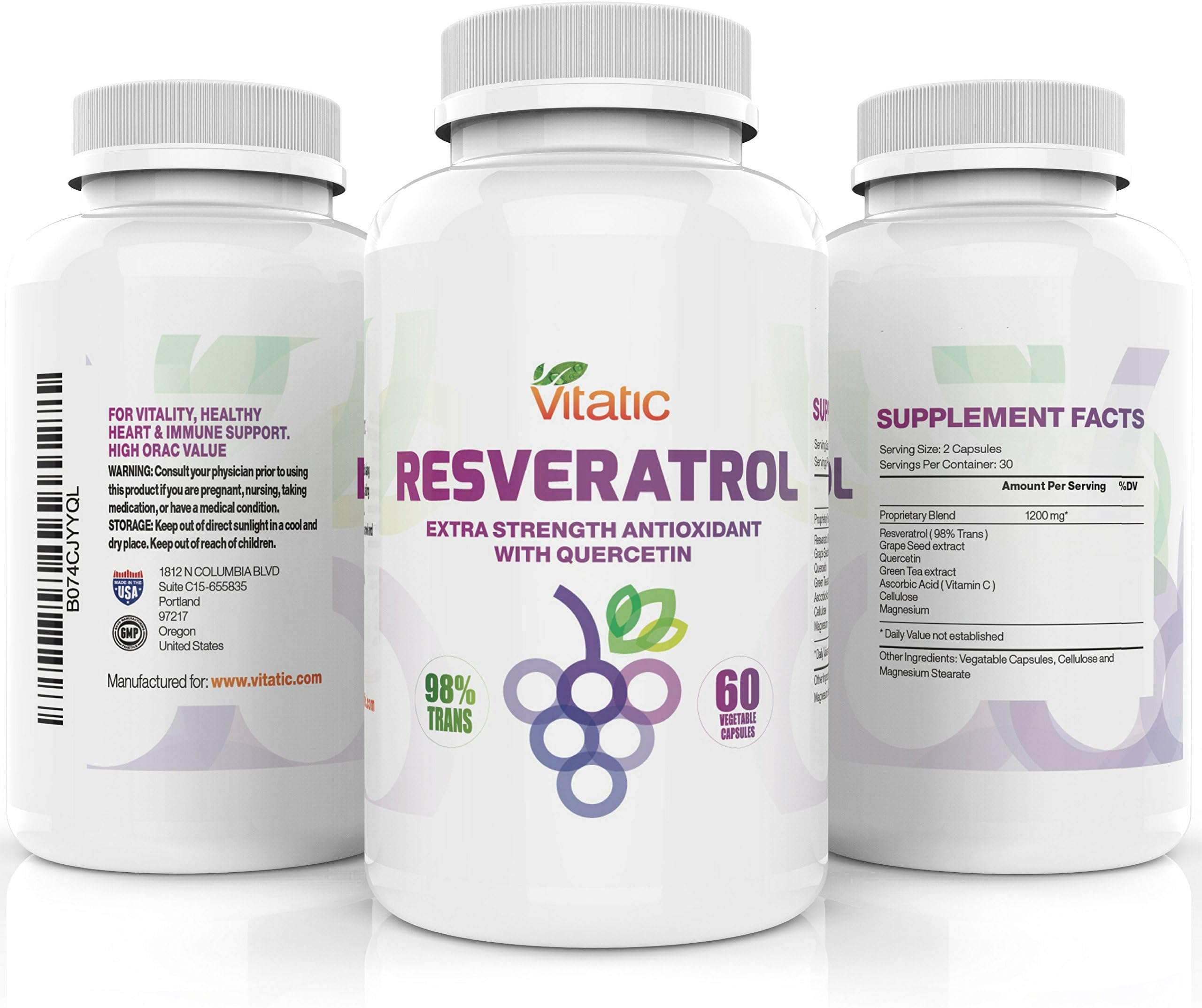 Resveratrol Supplements by Vitatic | 98% Trans Vegetarian Antioxidants, Natural Ingredients, Optimum Nutrition | Increase Your Health Naturally with Two Capsules a Day | 60 Capsules 1200mg per serving