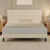 GRUSIGN Queen Size Bed Frame with Linen Fabric Headboard, Adjustable Height Upholstered Platform Bed Frame with Wooden Slats, Easy Assembly, Beige