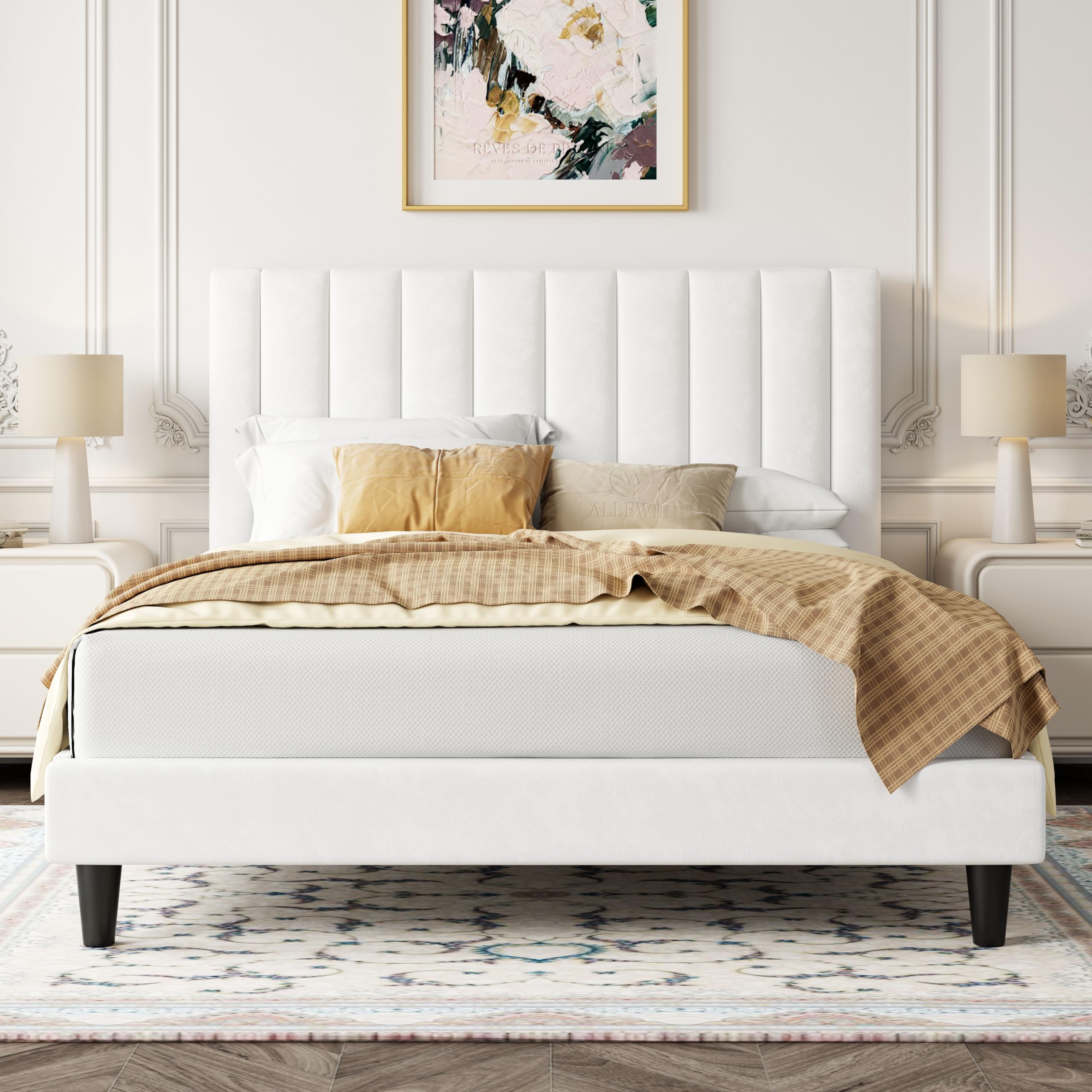 Photo 1 of Allewie Queen Platform Bed Frame/Velvet Upholstered Bed Frame with Vertical Channel Tufted Headboard/Strong Wooden Slats/Mattress Foundation/Box Spring Optional/Easy Assembly/White