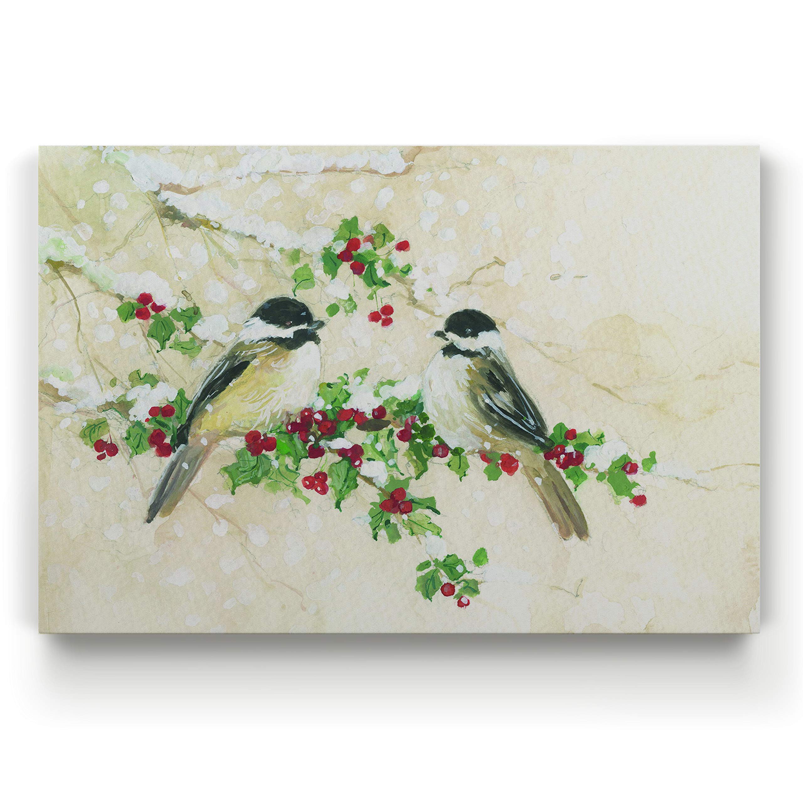 Renditions Gallery Christmas Decorations for Home Chickadees Birds and Holly Xmas Abstract Artwork Wall Hanging Paintings for Bedroom Dining Living Room Office Home Kitchen Wall Decor - 18"X27" LT18 Image
