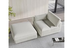 UIXE Oversized Chaise Longue Chair with Ottoman, Right Armrest Indoor Recliner Comfy Upholstered Single Lounge Sofa, Corduroy Deep Seat Cloud Couch for Bedroom, Living Room - Beige