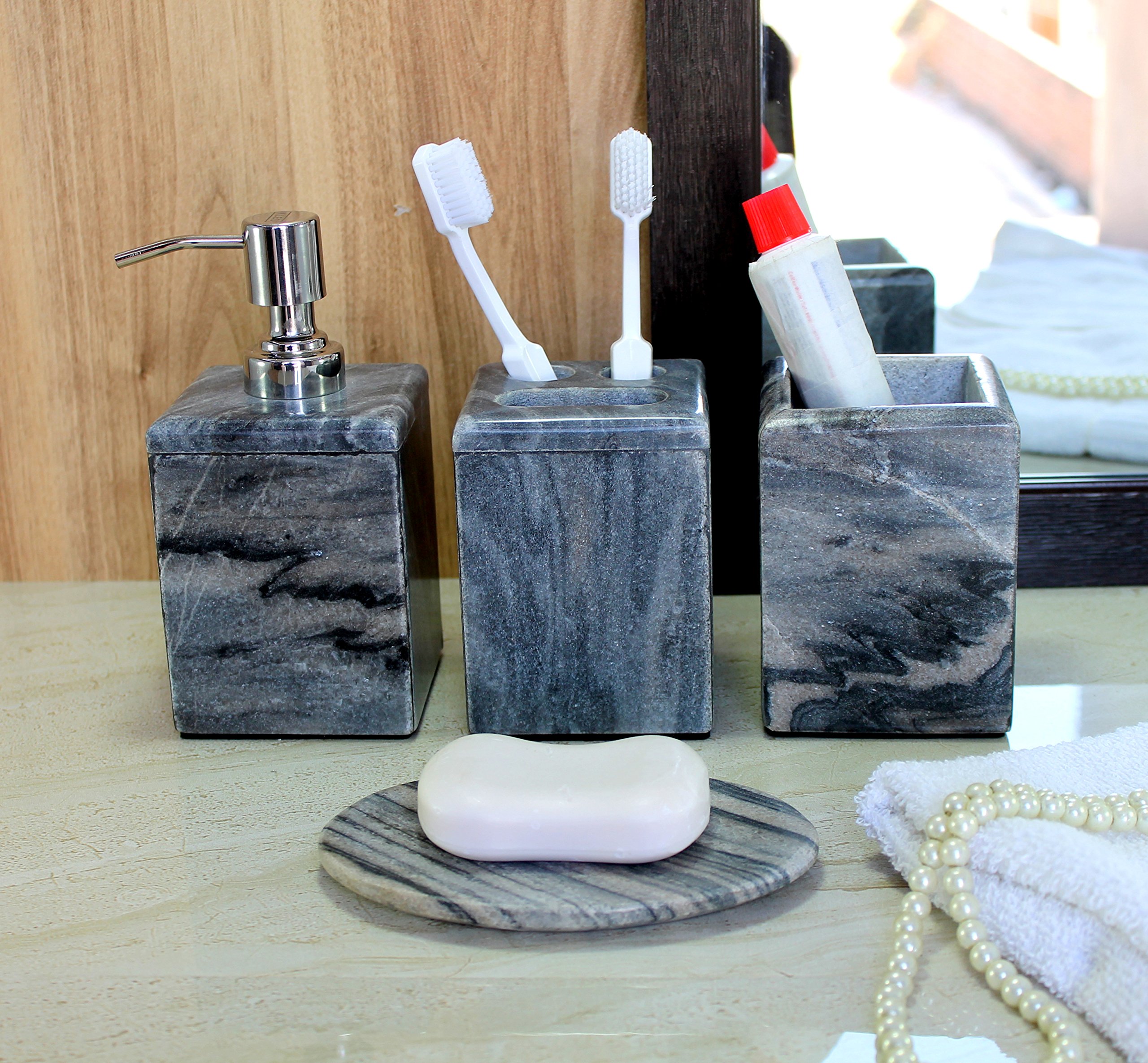 KLEO - Marble Stone Bathroom Accessory Set of 4 includes Soap / Lotion Dispenser, Toothbrush Holder, Tumbler and Soap Dish - Grey / Black