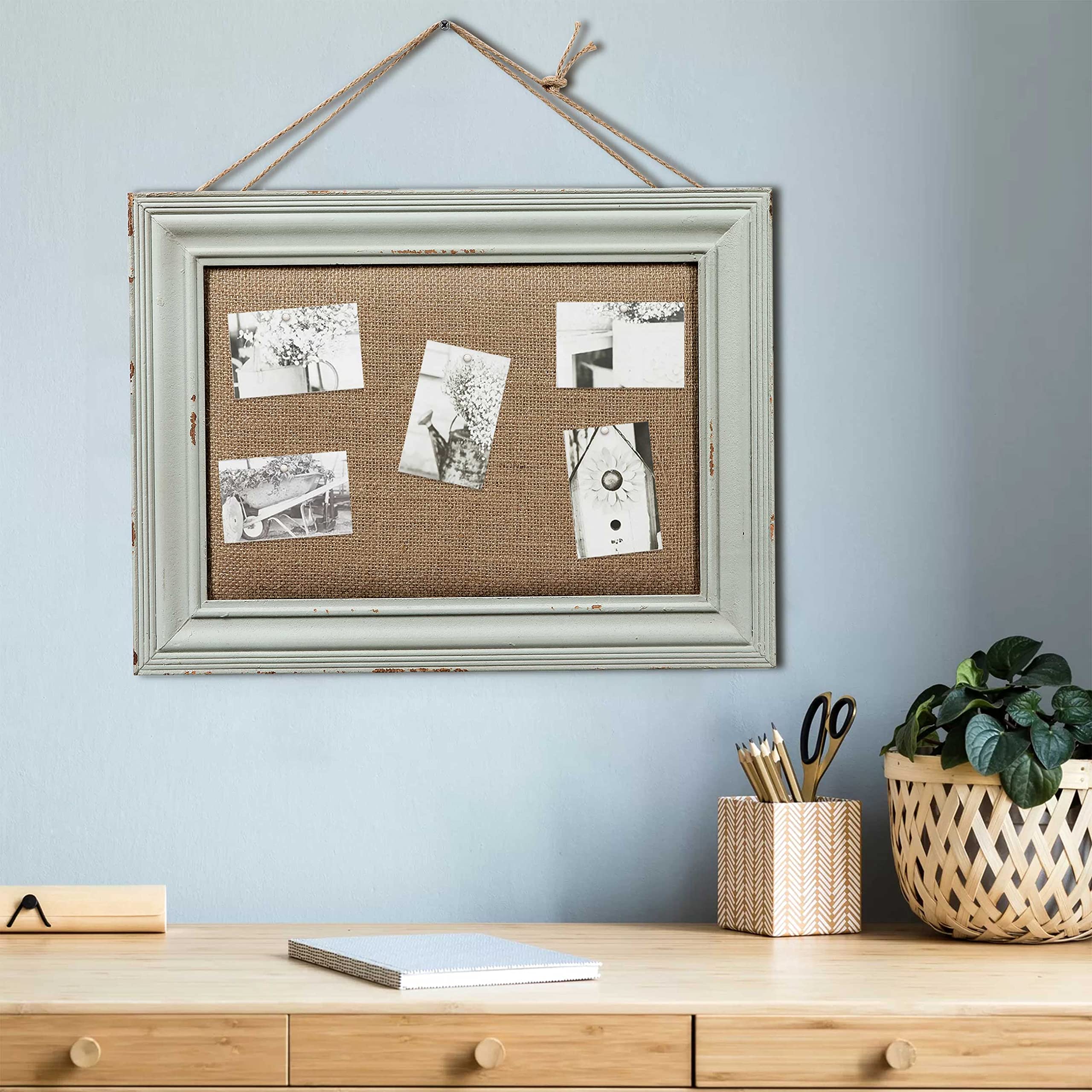 Sintosin Farmhouse Green Cork Notice Boards for Wall, 30 x 40 cm Cute Linen Small Pin Board, Decorative Pin Board with Frame, Wood Vision Board for Home Office School