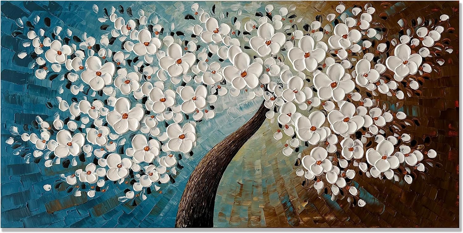 Paintings - zoinart 3D Oil Paintings on Canvas Wall Art 40x20 Inches Abstract White Flower Modern Wall Paintings Floral Contemporary Tree Art Texture Artwork Home Decorations for Living Room Bedroom