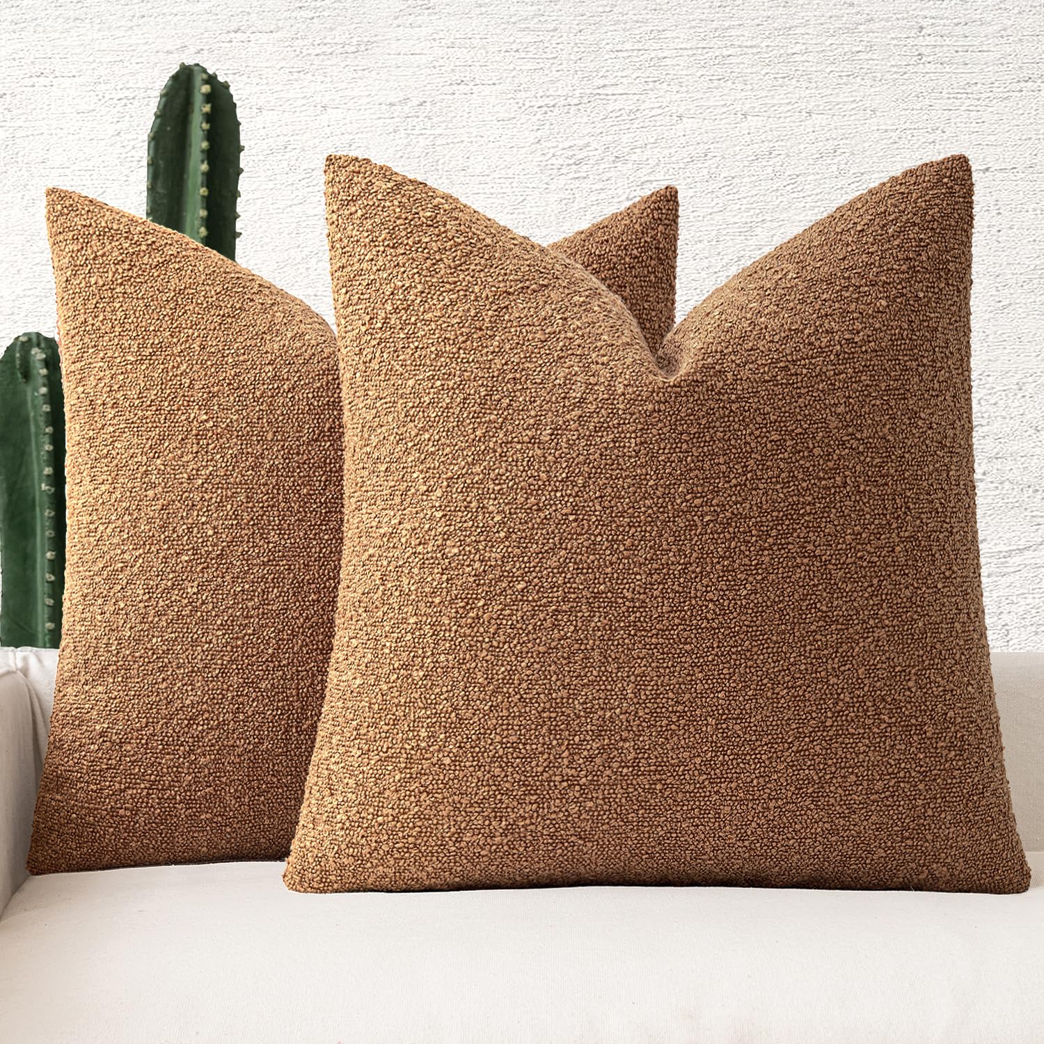 Photo 1 of MIULEE Set of 2 Decorative Couch Pillow Covers 20x20 Inch Brown Neutral Throw Pillows Textured Boucle Accent Solid Cushion Pillowcase Spring Cozy Soft Chair Sofa Bedroom Livingroom Home Decor