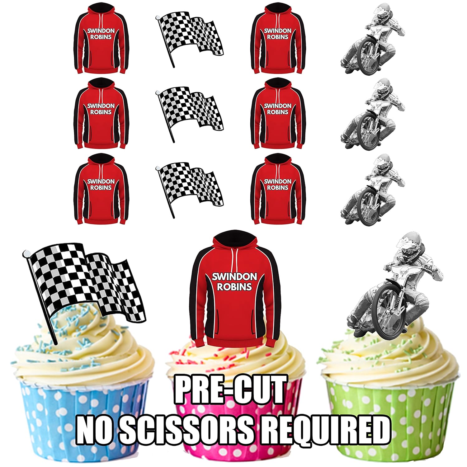 Precut Speedway Swindon Robins Themed Edible Cupcake Toppers