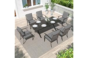 Gotland 7 Piece Outdoor Dining Table and Chairs for 6, Rectangular Patio Dining Table with Umbrella Hole, Metal Modern Outdoor Patio Set, Lawn Garden Outdoor Table and Chairs