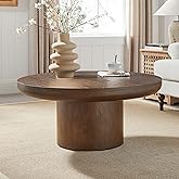 WAKEEPING 36" Round Coffee Table Solid Wood Coffee Table for Living Room | Rustic Retro Circle Coffee Table Pedestal Center Table for Apartment, Easy Assembly (Dark Brown)