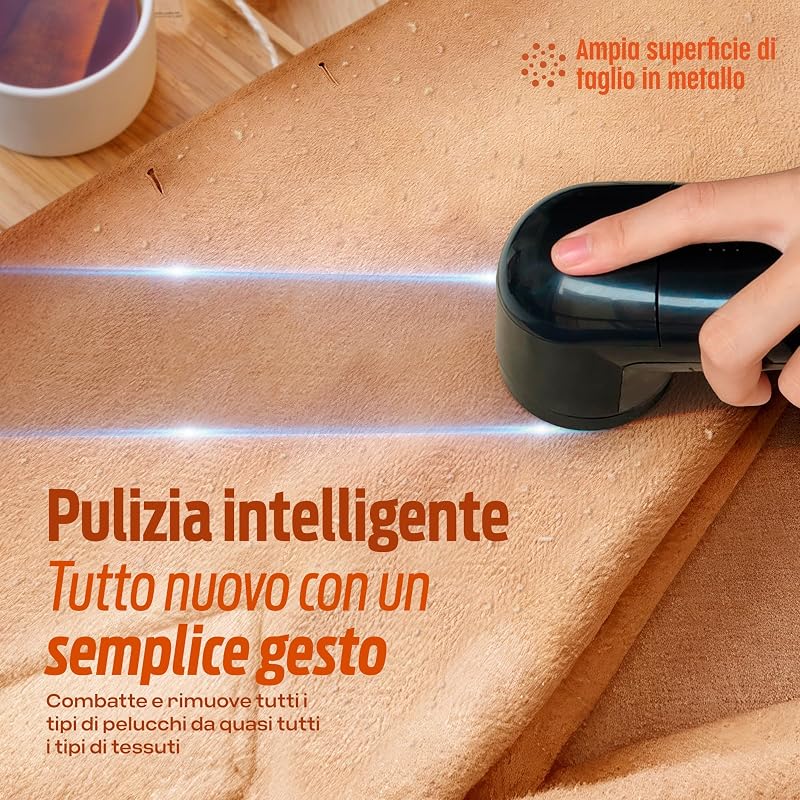 Rasatura elettrica antipelucchi – Rimuovi-pelucchi per abbigliamento, lame in acciaio inossidabile – Contenitore per pelucchi rimovibile – Batterie INCLUSE – Spazzola per la pulizia