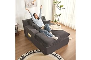 AFUSON 63" Oversized Boneless Chaise Lounge Chair, Extra Cloud Layer, Convertible Sleeper Sofa Couch with Removable Pillows & Side Pockets, Corduroy Upholstered Sofa Bed with Armrests for Living Room, Grey