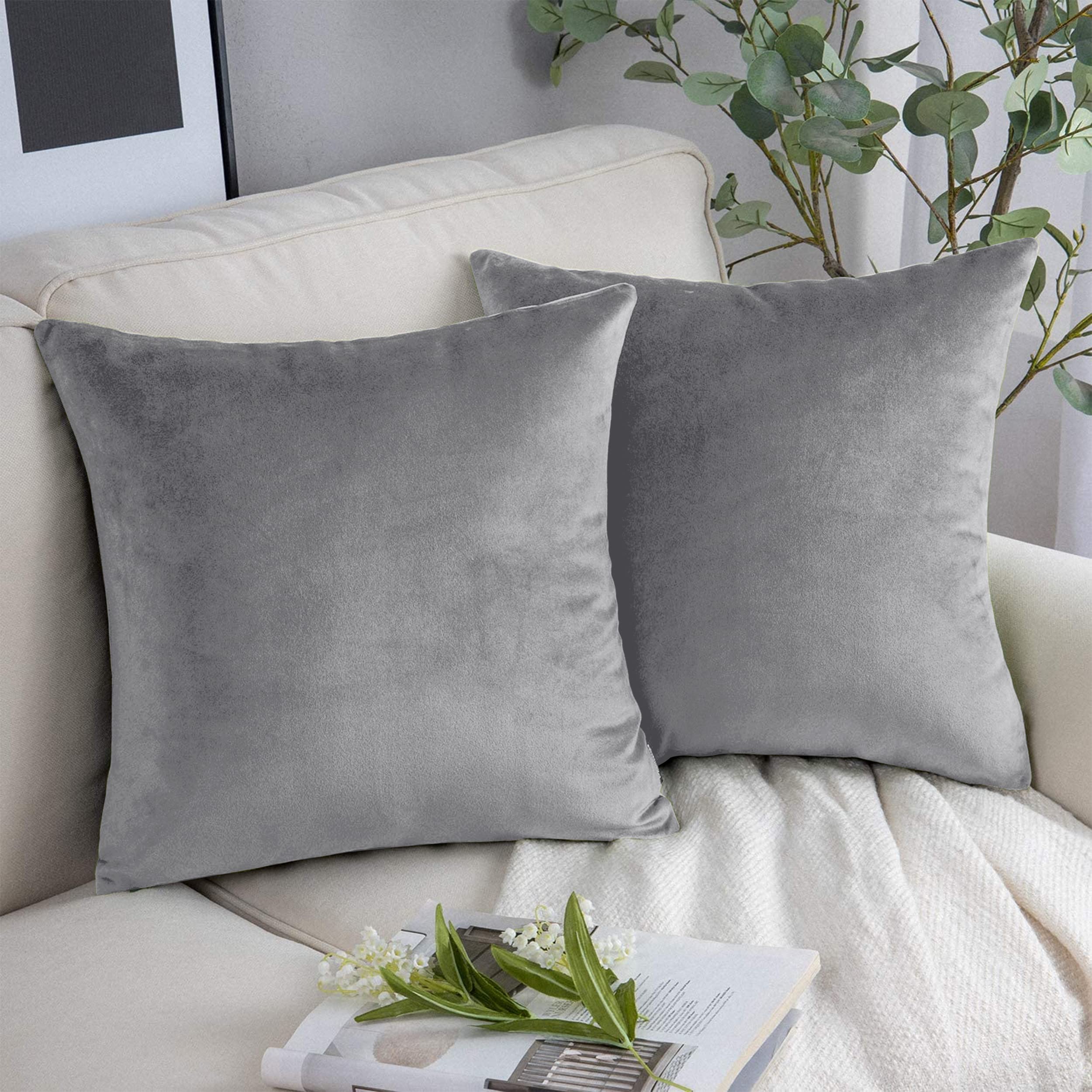 Yorkshire Bedding Cushion Covers 45 x 45 (Pack of 2) - Velvet Square Throw Pillow Cases - Decorative Soft Cushion Cover for Sofa Couch Bedroom with Invisible Zipper (Silver, 18 x 18 Inch (Plain))