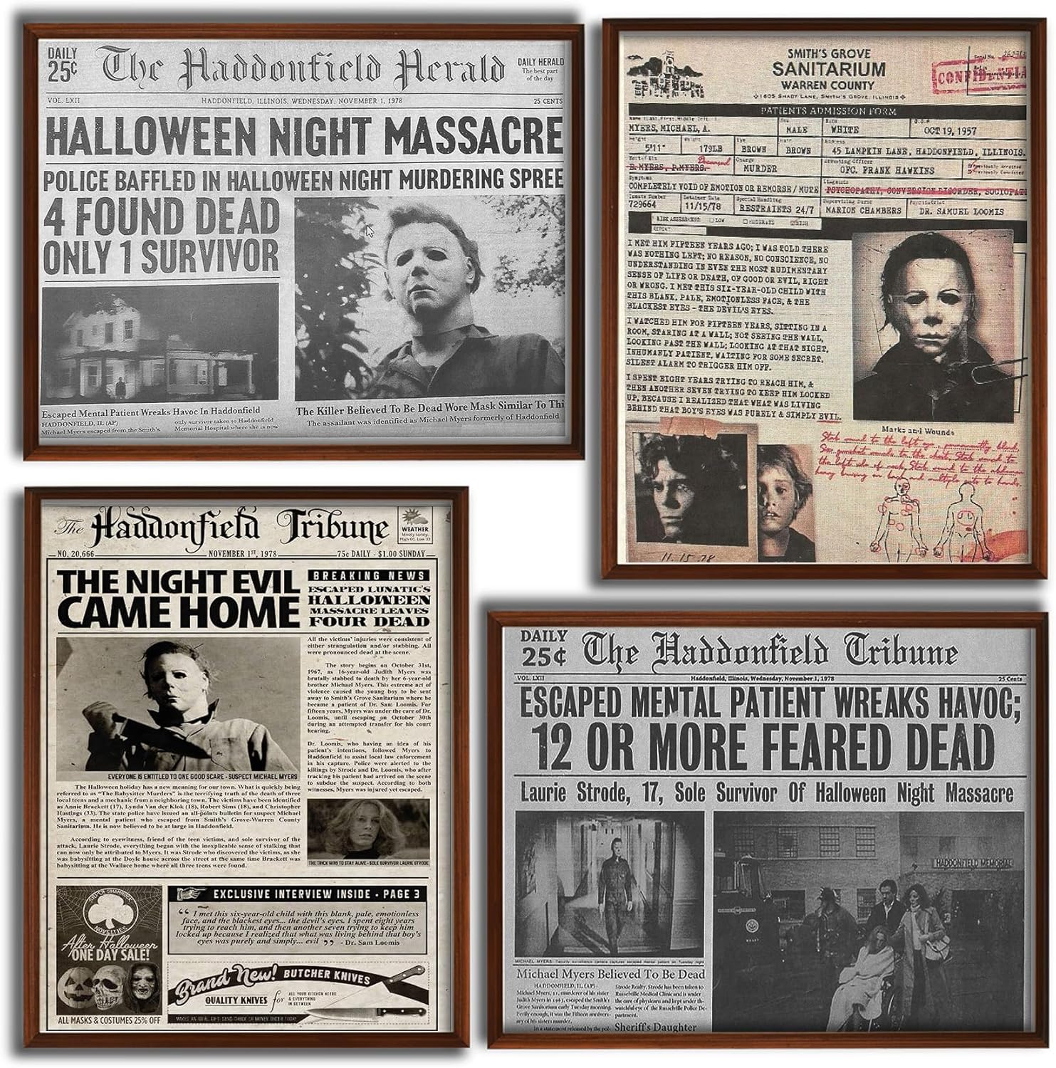 Wall Décor - 4Pcs Vintage Horror Movie Newspaper Poster, Classic Horror Movie Decor, Scary Film Character Posters for Bedroom,Men Cave, 11×14 Inch Cardstock, Unframed