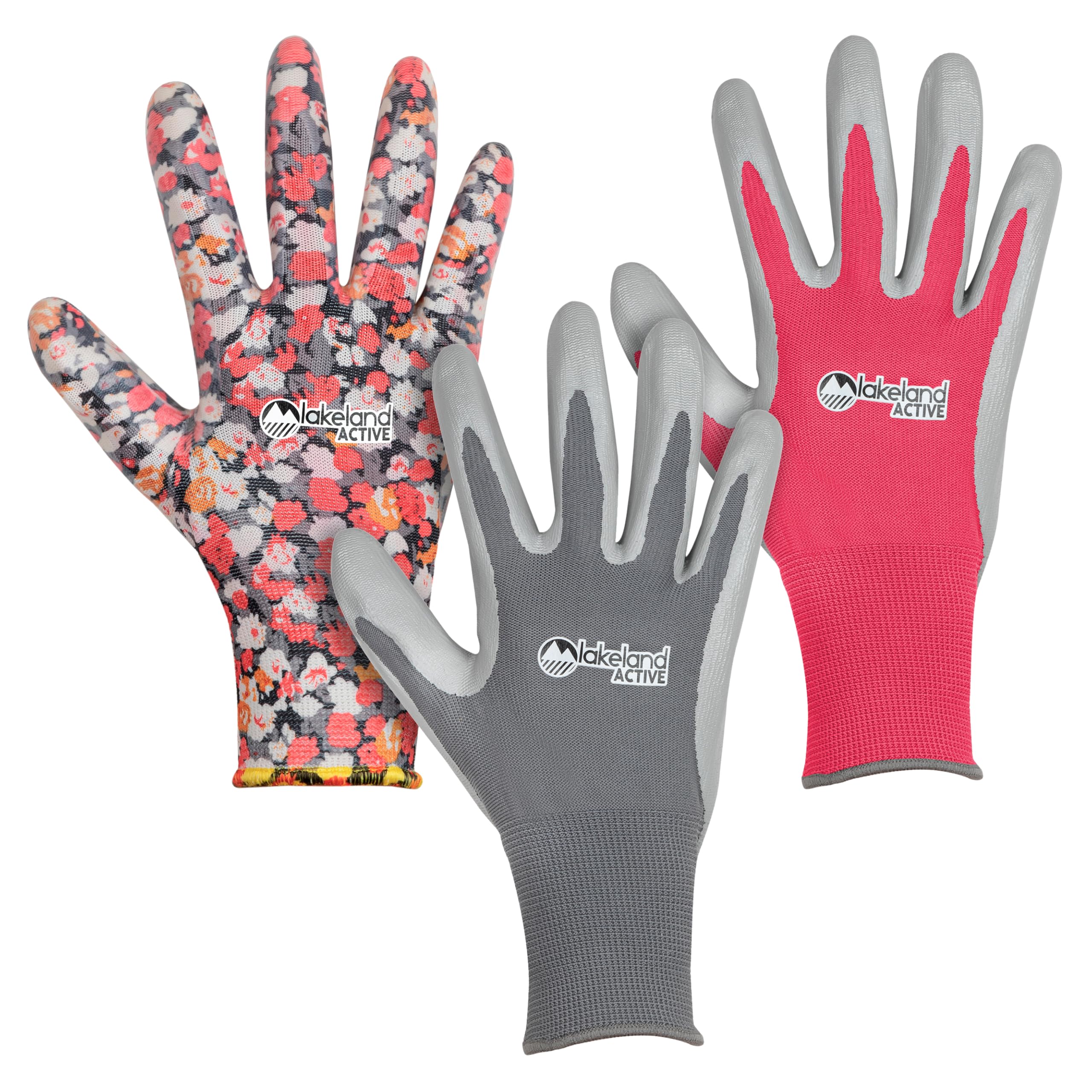 Lakeland Active 3 Pairs Orton Weed & Seed Gardening Gloves - Slate Grey & Fuchsia Pink & Floral - Large