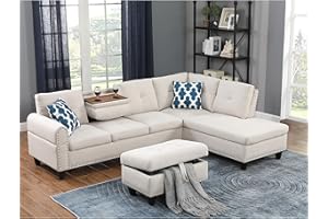 ERYE L-Shaped Corner Sectional with Right Chaise and Storage Ottoman for Living Room Furniture Sets, Beige B