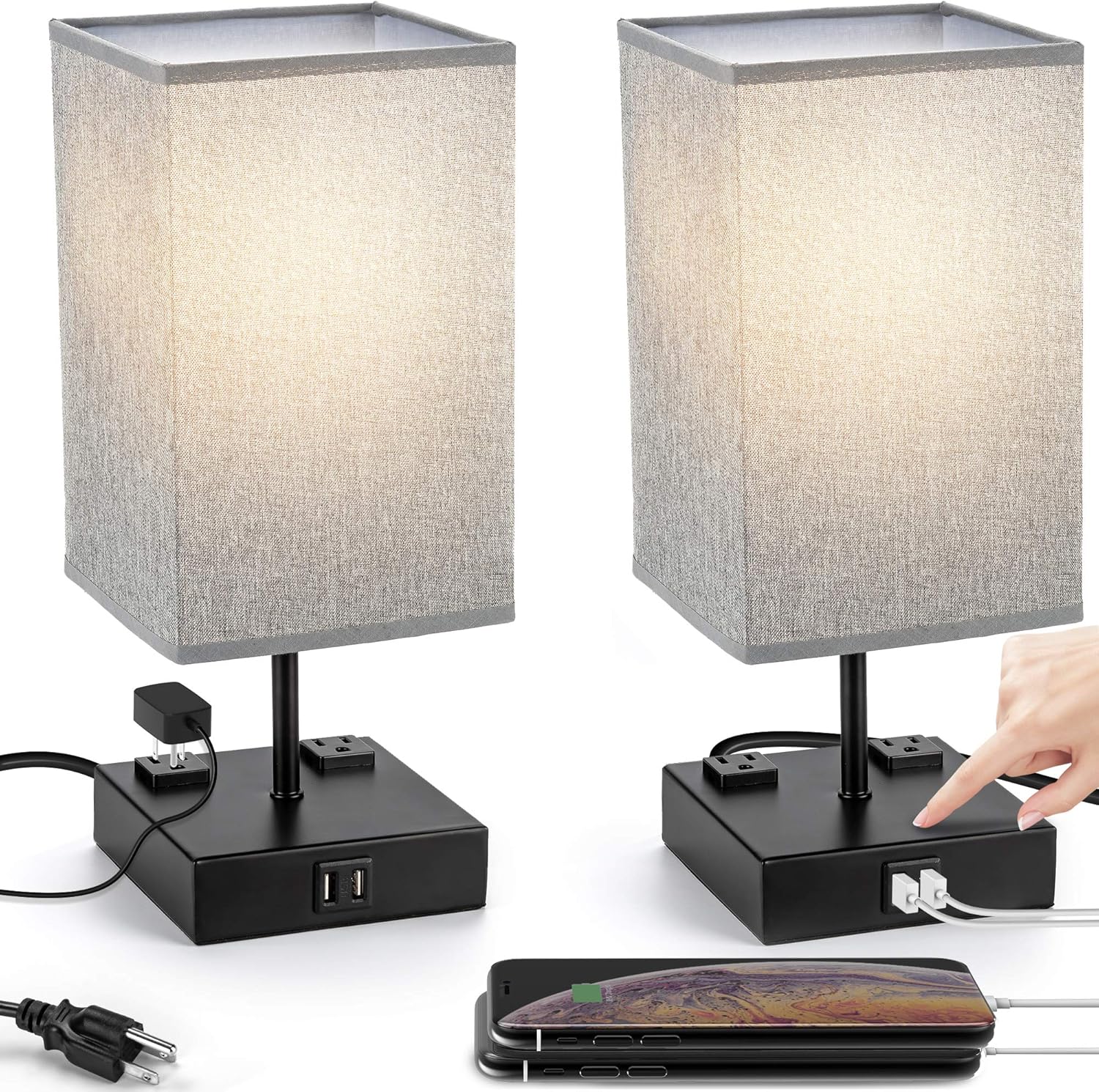 UL Approval Touch Control Table Lamp with USB and AC Outlet, SUPERDANNY 3-Way Dimmable Bedside Nightstand Lamp Modern Light, Desk Reading Lamp for Bedroom, Living Room, Gray, Set of 2…: Home Improvement