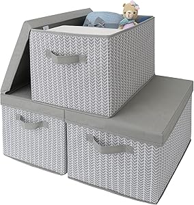 GRANNY SAYS Extra Large Fabric Storage Bins with Lids, Stackable Closet Storage Bins, Decorative Storage Box for Bedroom, Gray/White, 3-Pack