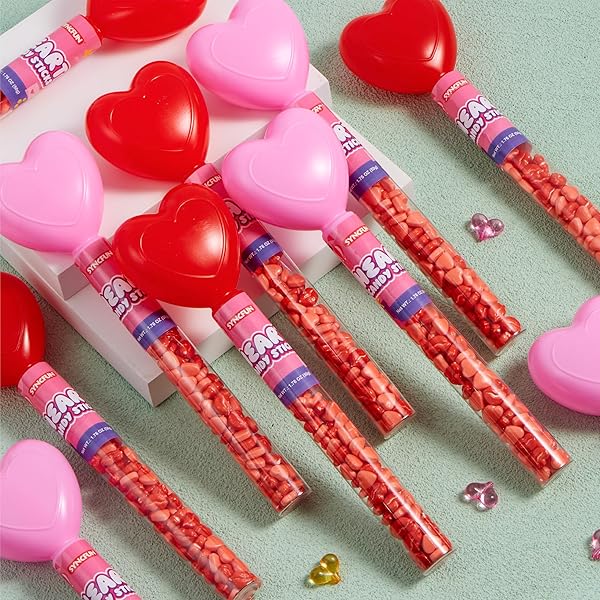 SYNCFUN 12PCS HEART SHAPE RED HARD CANDY WITH TUBE BUNDLE INDIVIDUALLY WRAPPED, SNACKS TINY STICK FOR PARTY FAVOR, REWARD PRIZES