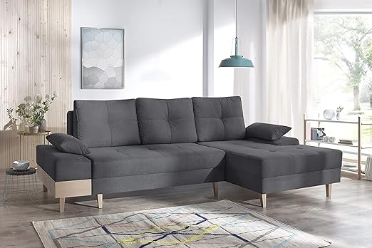 Bobochic Sven I Canapé Dangle Convertible 4 Places Avec Coffre Angle Droit Gris Anthracite 266 X 153 X 92 Cm