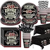 HIPVVILD Vintage 50th Birthday Decorations For Men Tableware - 1975 50th Birthday Party Supplies, Plate, Cup, Napkin, Tablecloth, Cutlery, 50 Year Old Birthday Table Decorations Dinnerware, Serves 24
