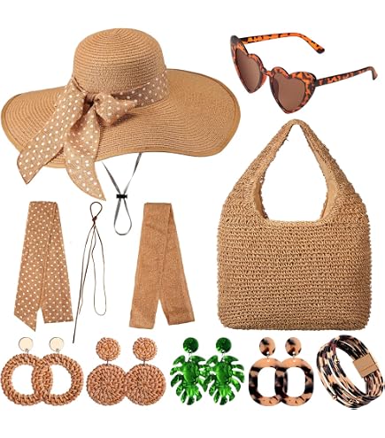 Beach Hat and Bag Set with Straw Bag, Sunglasses, Earrings, Bracelet Casuallined 5 Pcs Women Straw Beach Hat Set with Straw Beach  main image 3