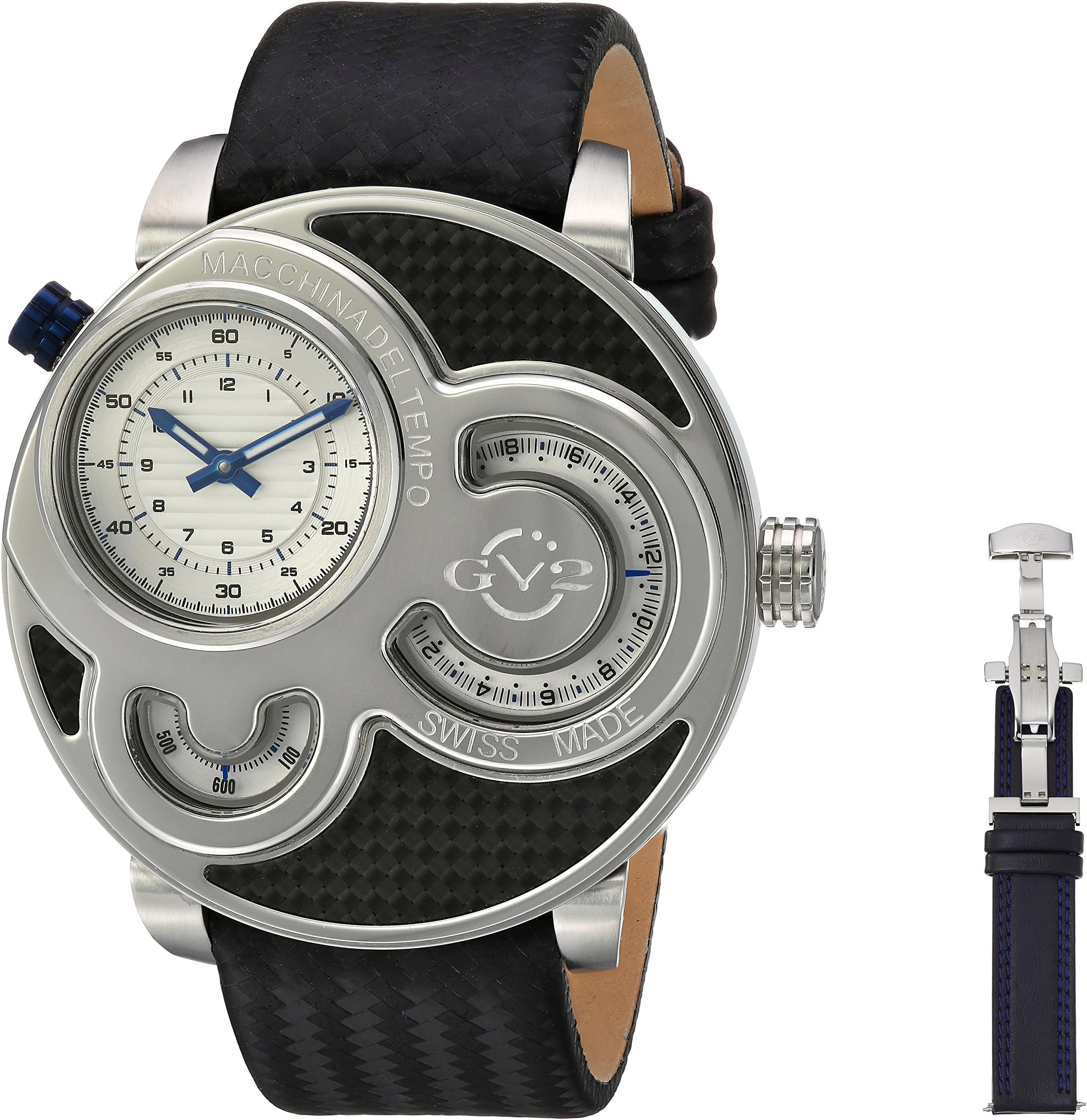 GV2 by Gevril Macchina Del Tempo Mens Swiss Quartz Carbon Fiber Pattern Black Leather Strap Watch, (Model: 8301)
