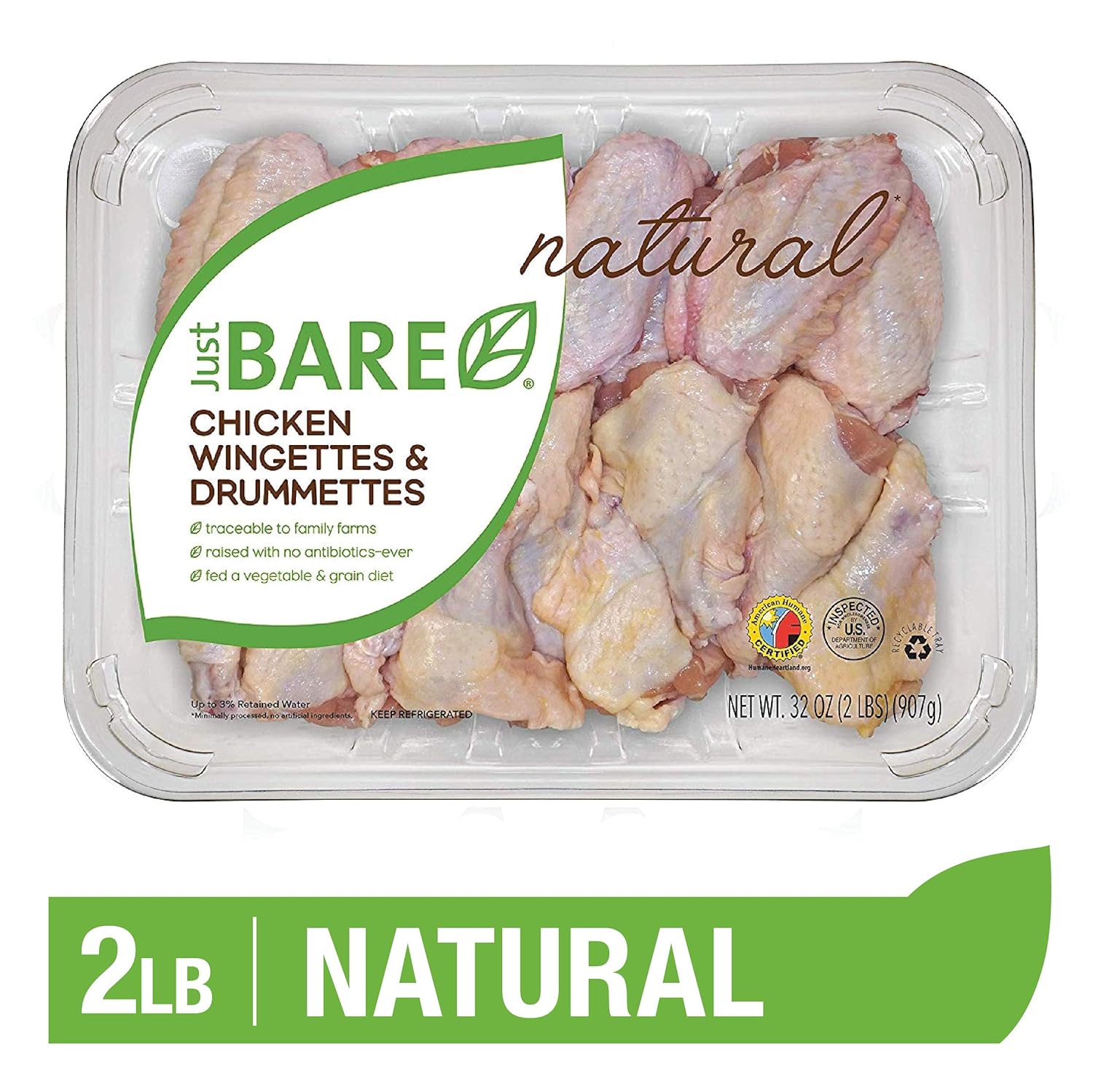 Just BARE Natural Fresh Chicken Wingettes & Drummettes | Family Pack | Antibiotic Free | Bone-In | 2.0 LB
