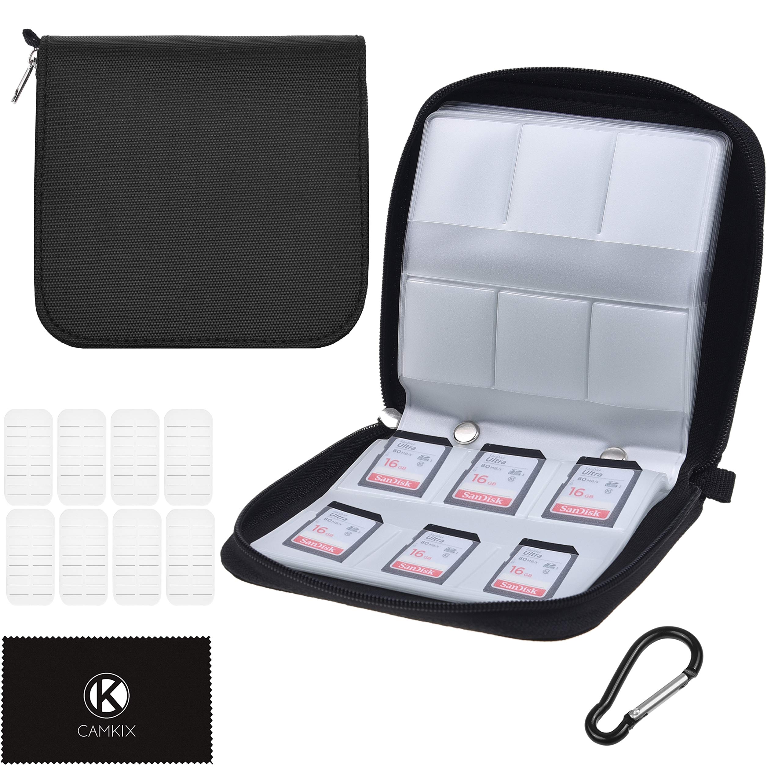 Memory Card Case - Fits up to 88x SD, SDHC, Micro SD, Mini SD and 4X CF - Holder with 88 Slots (8 Pages) - for Storage and Travel - Microfiber Cleaning Cloth, Carabiner and Labels Included (Black)