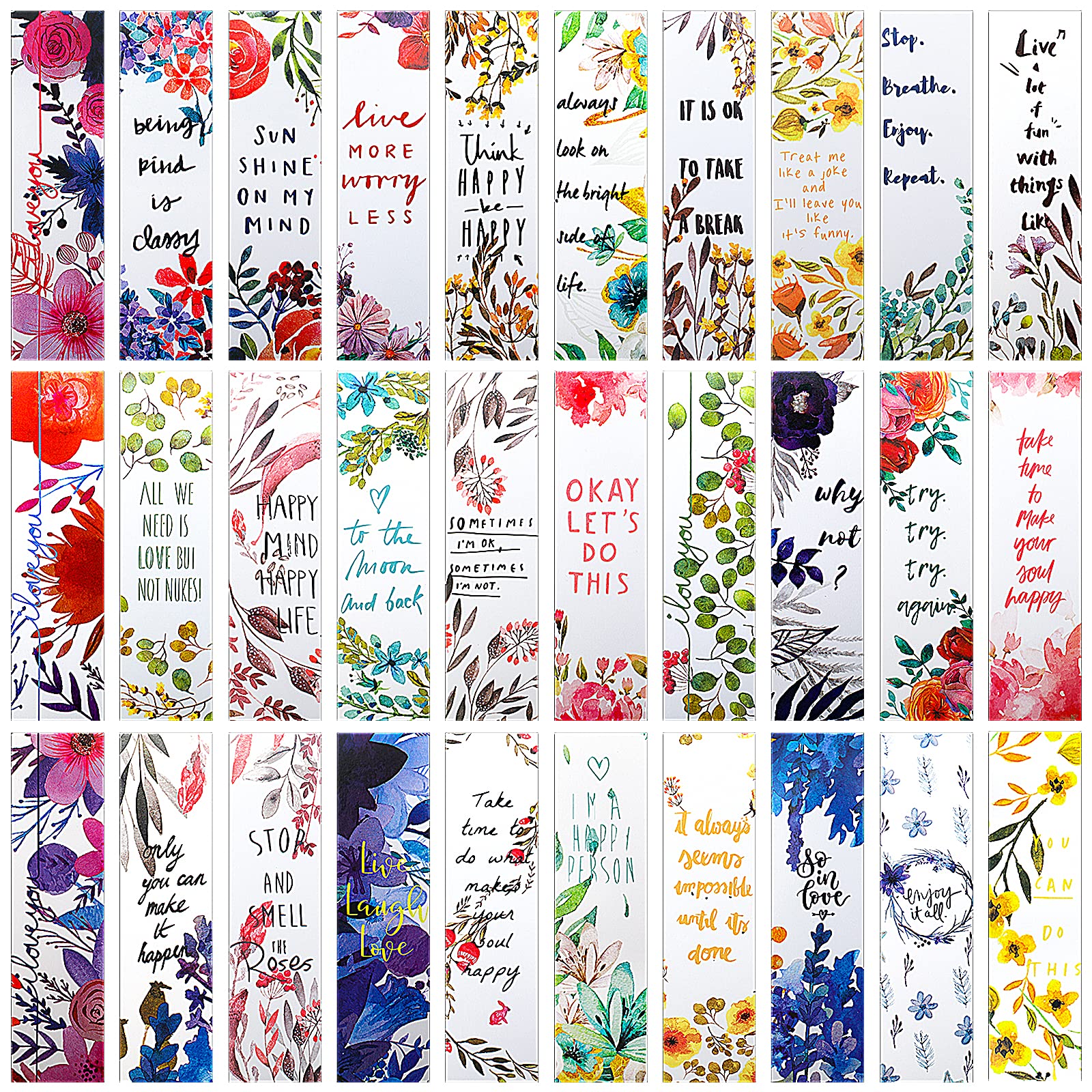MWOOT 30Pcs Floral Style Paper Bookmarks,Inspirational Quote Flowers Page Clips Bookmark Set,Colorful Motivational Word Book Markers Gifts for Kids Women Girls(15x4cm,30 Styles)